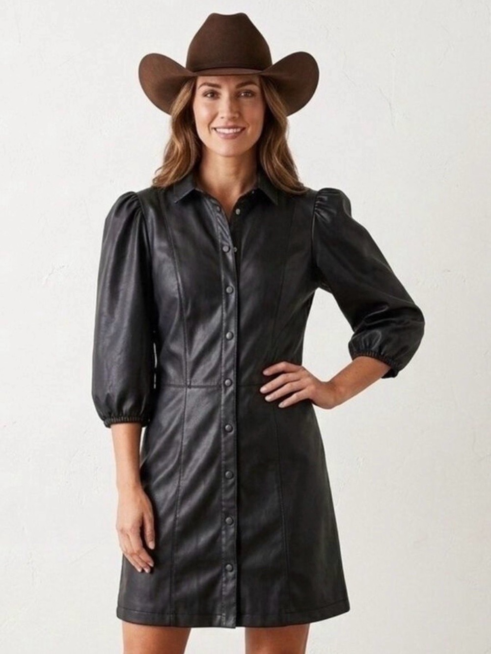 H&M Faux Leather Puff Sleeve Mini Dress Sz 4 Black Vegan Button Down City Rodeo